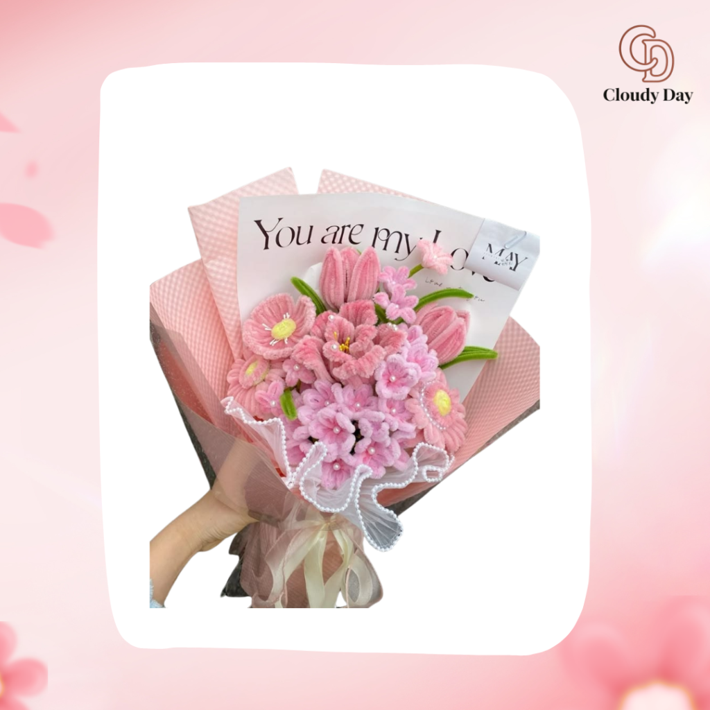 Bó Hoa Kẽm Nhung Handmade Cúc Hồng – Quà Tặng Tinh Tế, Bền Đẹp